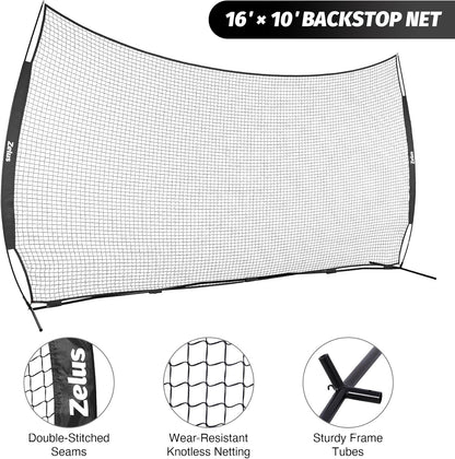 12x9ft / 16x10ft Barricade Backstop Net, Ball Sports Barrier, Practice Net for Baseball, Softball, Lacrosse, Soccer, Basketball and More