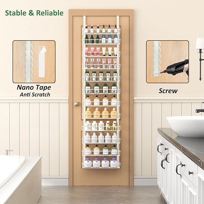 Churboro Over the Door Pantry Organizer Rack with 12 Adjustable Baskets, 12 Tiers Dual-use Spice Rack- Hanging or Wall Mount Spice Rack, Pantry Door Organizer, White