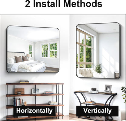 Black Bathroom Mirror,40x48 inch Wall Mirror for Bathroom Wall Mounted,Rectangle Mirror for Bathroom Over Sink,Modern Frame Round Corner for Living Room,Bedroom Entryway,Horizontal/Vertical