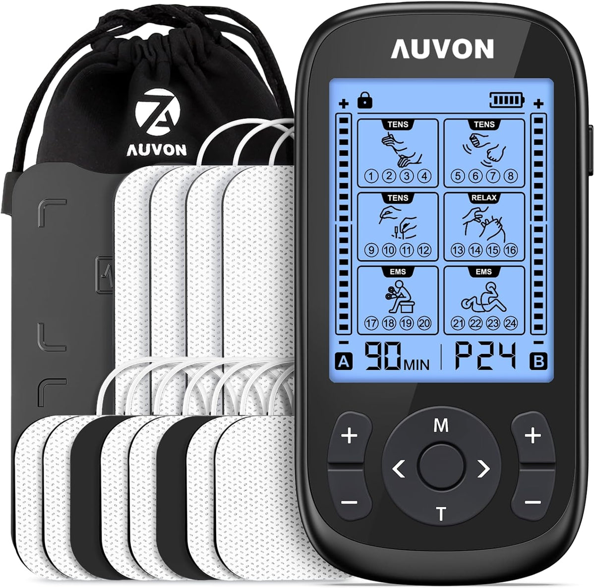 AUVON 3-in-1 TENS Unit Muscle Stimulator, EMS Massage Machine with 40 Intensities for Gradual Shoulder, Sciatica, Back Pain Relief, 24 Modes Rechargeable Electronic Pulse Massager with 12 TENS Pads