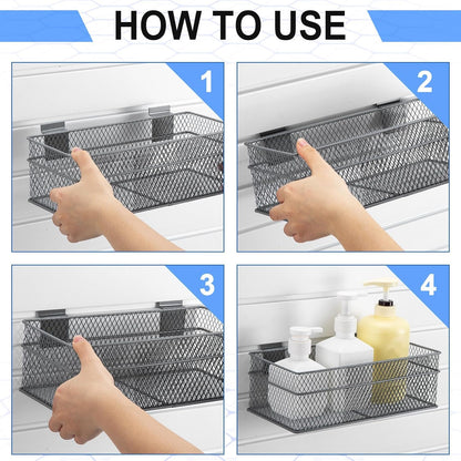 Barydat 4 Pcs Slatwall Basket Set Ventilated Metal Slatwall Basket Hanging Wire Bins Wall Mounted Accessories for Panel Garage Storage Display Organizing(Multi Size,Gray)