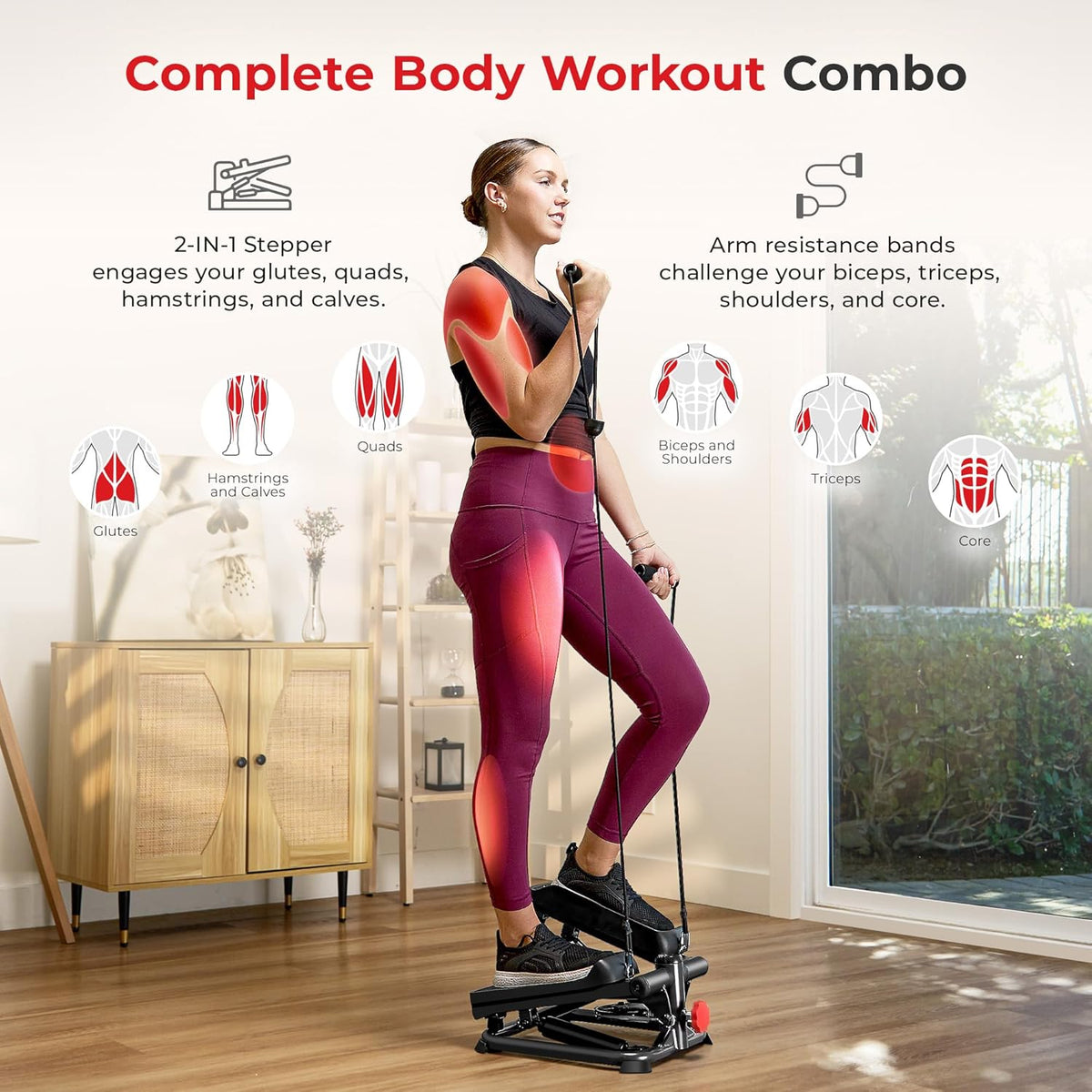 Sunny Health & Fitness Mini Steppers for Exercise at Home, Stair Step Workout Machine, Full Body Cardio Equipment, with Optional Free SunnyFit App Connection and Resistance Band