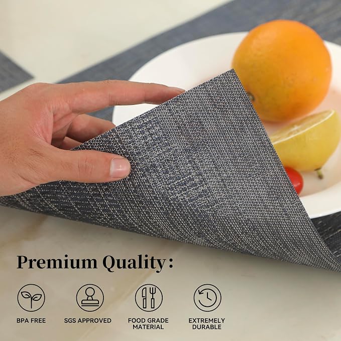 Leetaltree Denim Blue Placemats Set of 8 - Heat Resistant Non-Slip Place mats for Dining Table, Washable Durable PVC Vinyl Woven Table Mats（Denim Blue, 8）