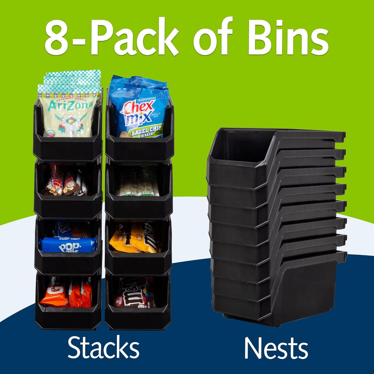 Plastic Containers for Organizing and Storage Bins for Closet, Kitchen, Office, Garage or Pantry Organization, Stackable Bins, Medium (11" x 5" x 5.5"), 8-Pack, Black