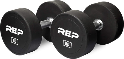 REP Fitness Urethane Coated Round Dumbbells, 5 to 100 lbs, Singles or Pairs, With or Without Rack, Steel Core, Rubber Encased, Chrome Handles, Professional Weights for Home Gym Strength Training