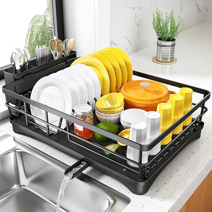 SNTD Dish Drying Rack for Kitchen Counter - Large Dish Rack with Drainboard, Rustproof Dish Drainer with Utensil Holder for Sink, Black
