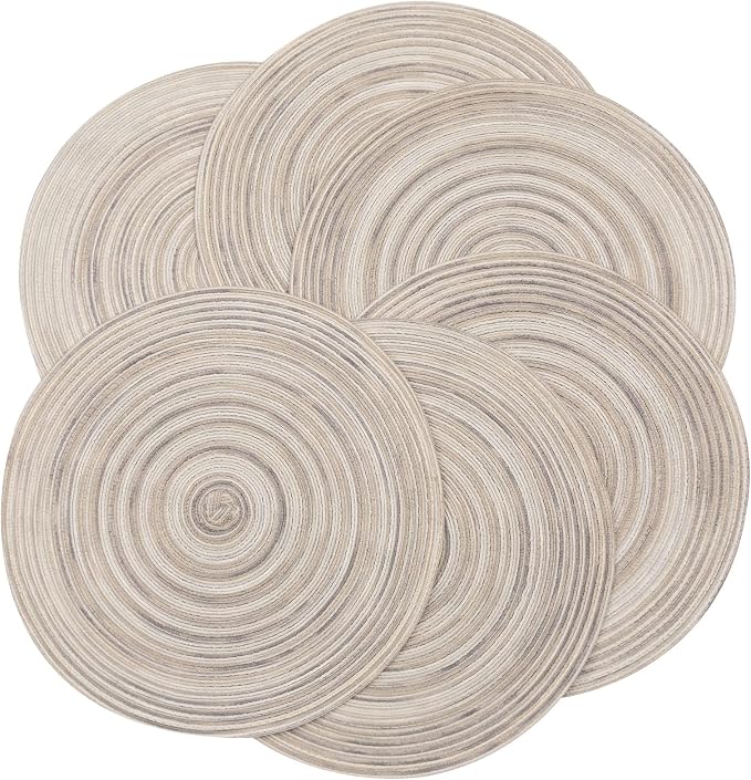 SHACOS Round Braided Placemats 15 inch Set of 4 Variegated Washable Kitchen Table Placemats for Home Wedding Party (Rainbow Gray, 4)
