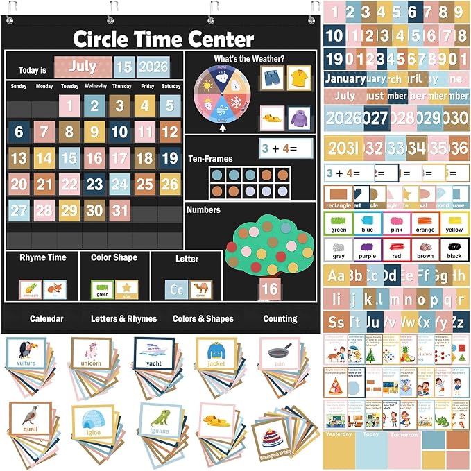 Pasimy 284 Pcs Circle Time Learning Center Classroom Pocket Chart Boho Circle Time Calendar Learning Math Calendar Weather Color Shape for Home Classroom Decoration Back to School Supplies