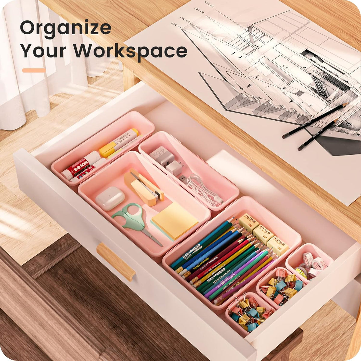 A-LuGei 【𝟰𝟮𝗣𝗖𝗦】【Pink】 Tool Box Organizer Tray Divider Set, Desk Drawer Organizer, Garage Organization and Storage Toolbox Accessories for Rolling Tool Chest Cart Cabinet Work Bench Small Parts
