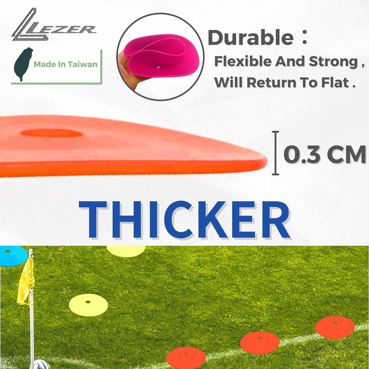 LEZER 6 Inch 8 Inch Flat Cones, Spot Markers, Soccer Cones, Field Court Markers, Sit Spots, Flat Discs, Soccer Training Equipment, Agility Practice, Football, Made in Taiwan
