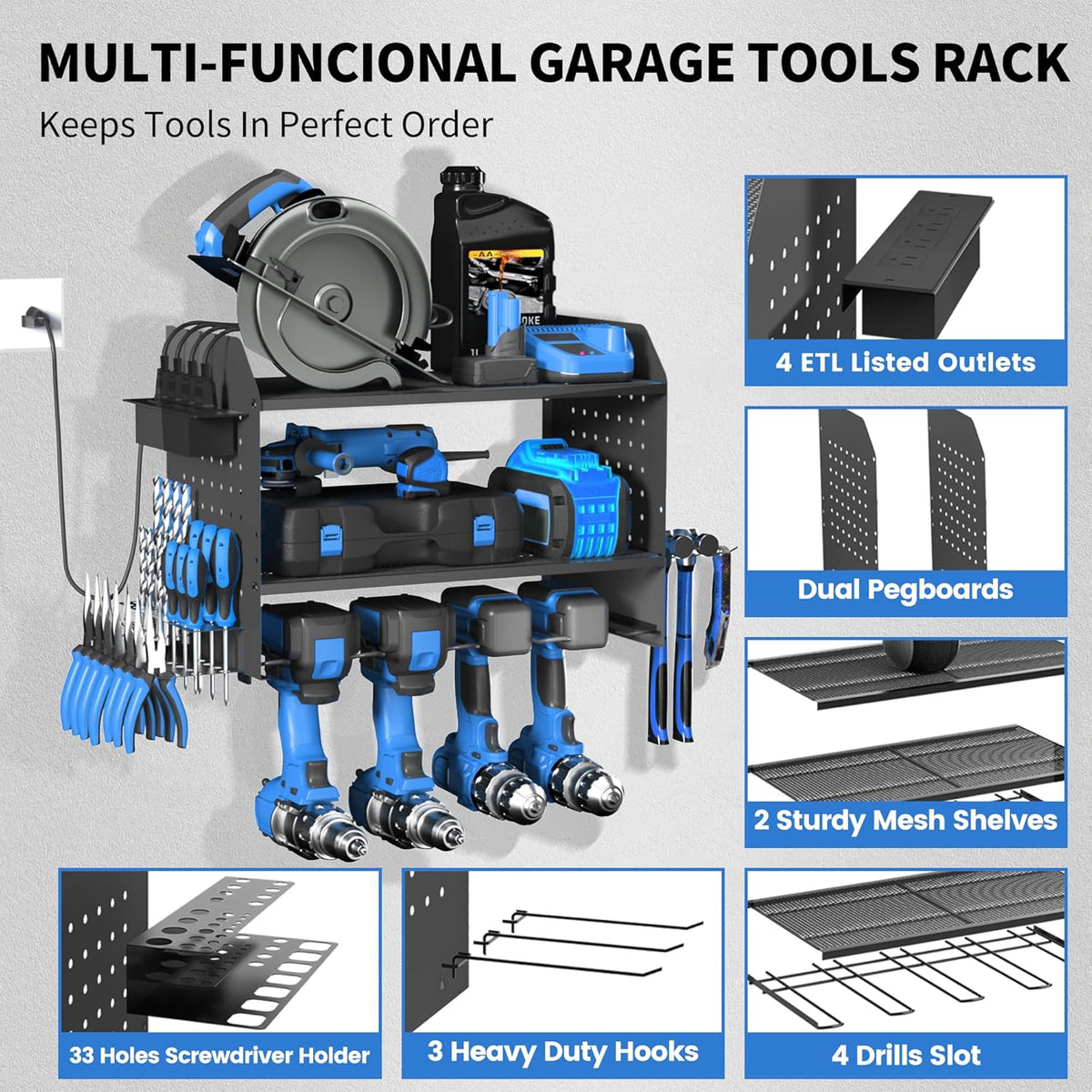 Power Tool Organizer Wall Mount – Adjustable Shelf, Side-Mounted 4-Outlet Charging Station | Heavy Duty Steel Drill Holder with Pegboards, Hooks & Drill Bit Rack for Garage & Workshop Storage