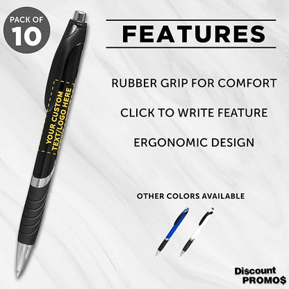 DISCOUNT PROMOS Ballpoint Pens With Rubber Grip - 10 pack - Customizable Text, Logo - Black Ink Ball Point Pen with Soft Touch Plastic - Black