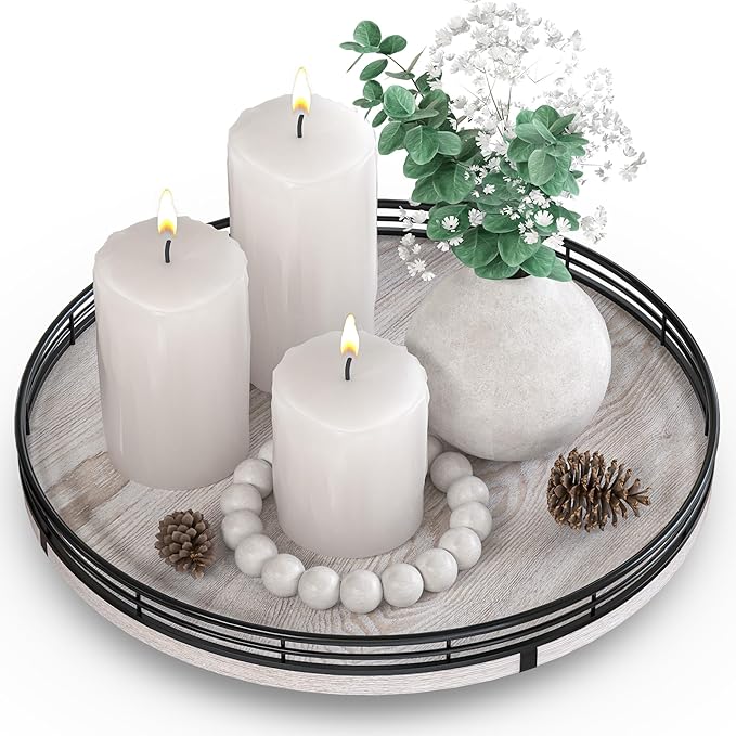 12" Farmhouse Lazy Susan for Kitchen & Coffee Table Decor – Rustic Whitewashed Wood Tray with Black Metal Frame, Decorative Centerpiece for Dining Room, Ottoman, Living Room, Serving or Vanity Use