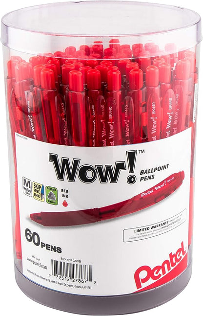 Pentel WOW! Ballpoint Pen, (1.0mm) Medium Line, Red Ink, Pack of 60, Canister (BK440PC60B)