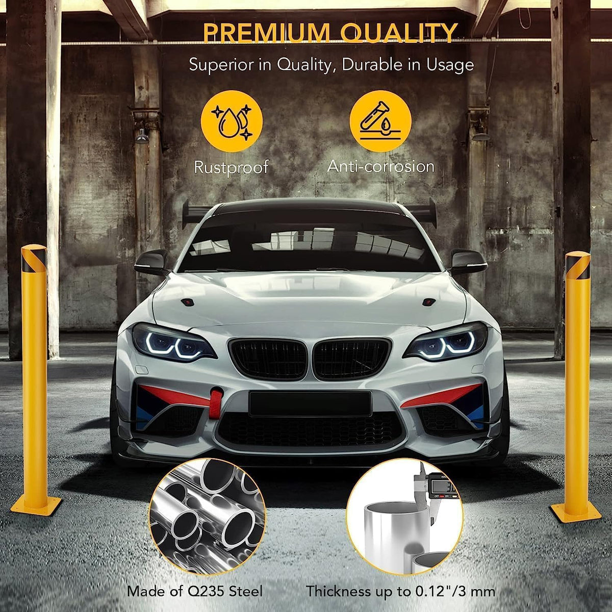 Safety Bollard, 4 Packs 48 Inch Metal Safety Bollard Post with 16 Anchor Bolts, 4.5 Inch Diameter Steel Safety Bollard for Driveway Barrier, Parking Pole,Traffic Control