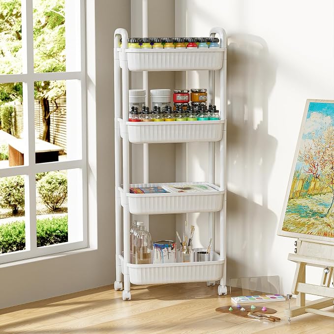 JOYZAN 4 Tier Rolling Carts with Wheels, Utility Cart with Handle and Locking Caster, Storage Cart for Kitchen, Office, Bedroom, Suitable for Diaper, Art Tools, Snack, Craft Storage Cabinet, White