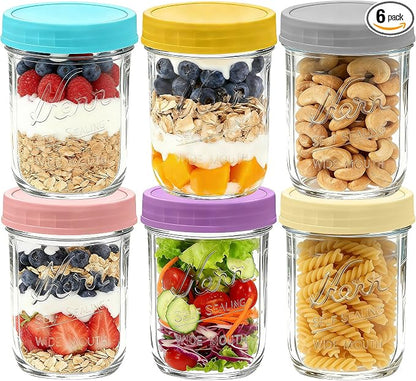 6-Pack Wide Mouth Mason Jars with Lids, 16 oz Overnight Oats Jars Containers with Lids, Glass Meal Prep Food Storage Containers for Oatmeal, Chia Seed Pudding, Yogurt, Snacks, Salads, Fruit, Spice