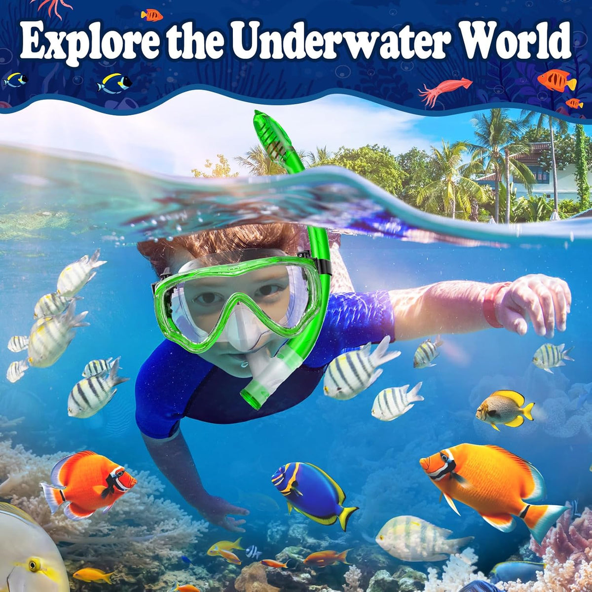 U PHITNIS Kids Snorkel Set for Age 4-14 - Dry Top Snorkeling Gear for Kids Junior & Youth - Childs Diving Mask with Big Eyes for Boys Girls - Anti-Fog Snorkeling Mask and Snorkel Set