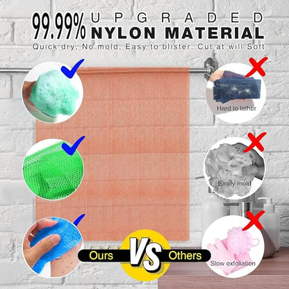 UJFQBH 3 Pieces African Bath Sponge African Net Long Net Bath Sponge Exfoliating Shower Body Scrubber Back Scrubber Skin Smoother,Great for Daily Use (Pale Purple, Blue, Green)