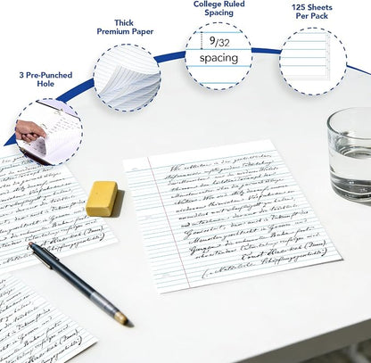 Kaisa Notebook Paper Bulk Wholesale Available 3 Pack Notebook Paper College Ruled 3-Hole Punched Loose Leaf Paper 8x10.5 Filler Paper for 3-Ring Binder, 150 Sheets/Pack (3 Pack-college)