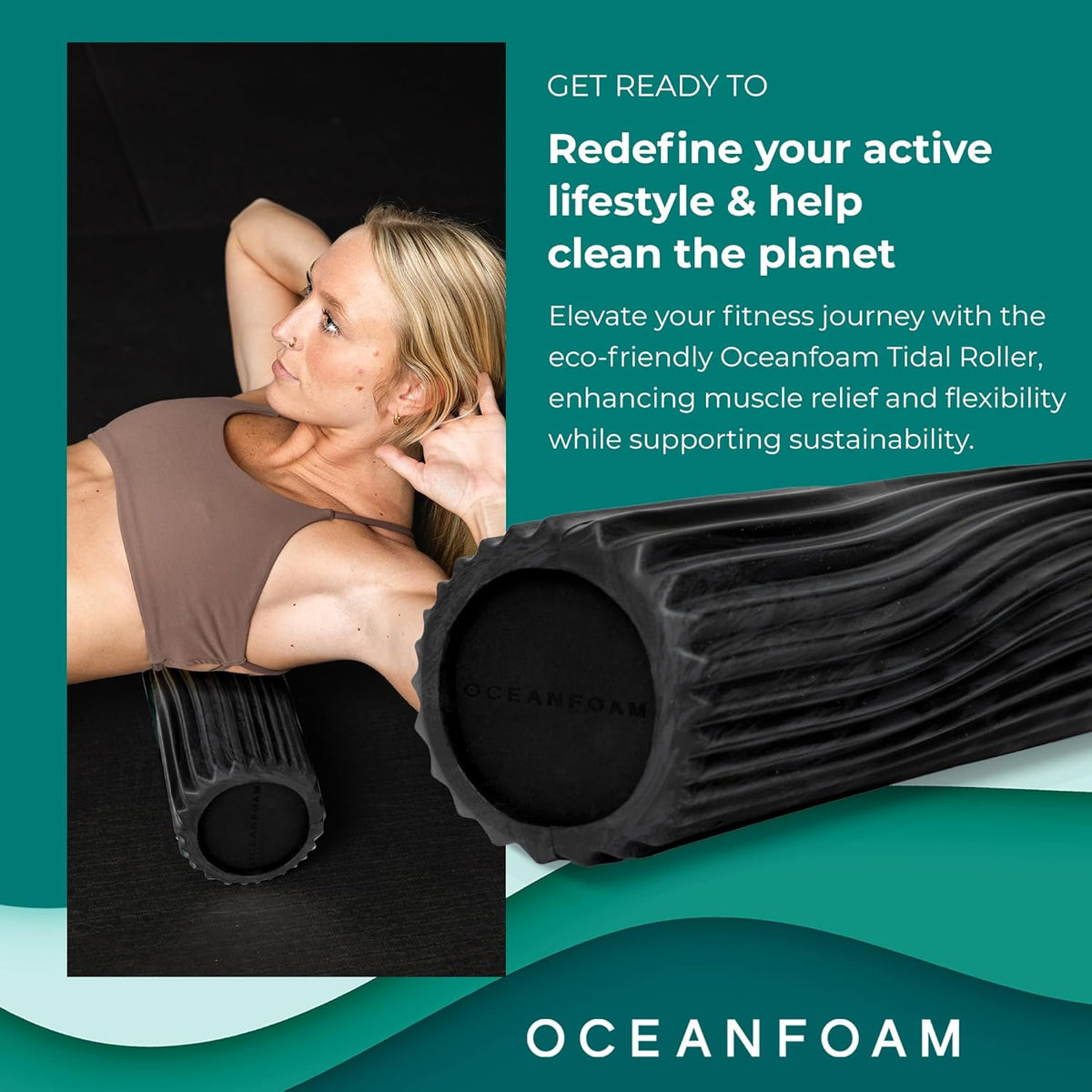 Oceanfoam Tidal Roller - Black & Charcoal Marbled - Muscle Massage Foam Roller for Back Pain & Stretching - Firm and Ergonomic Wide Wave Textured - Yoga, Athletics, & Wellness - Full Size, 20" x 5"