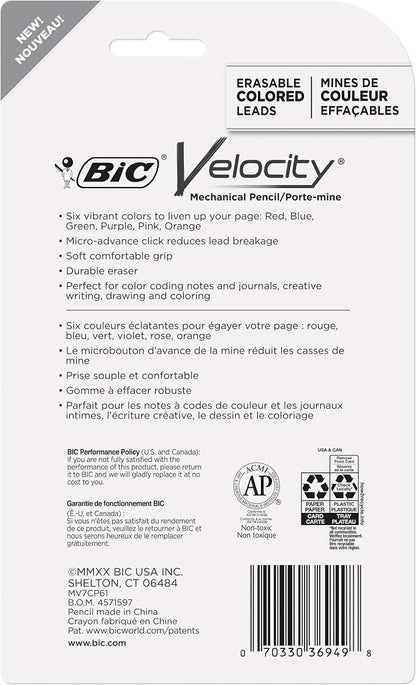 BIC Velocity Mechanical Pencils with Colored Leads, Medium Point (0.7 mm), Perfect for Drawing and Journaling (MV7CP61-AST), 6 Count (Pack of 2)