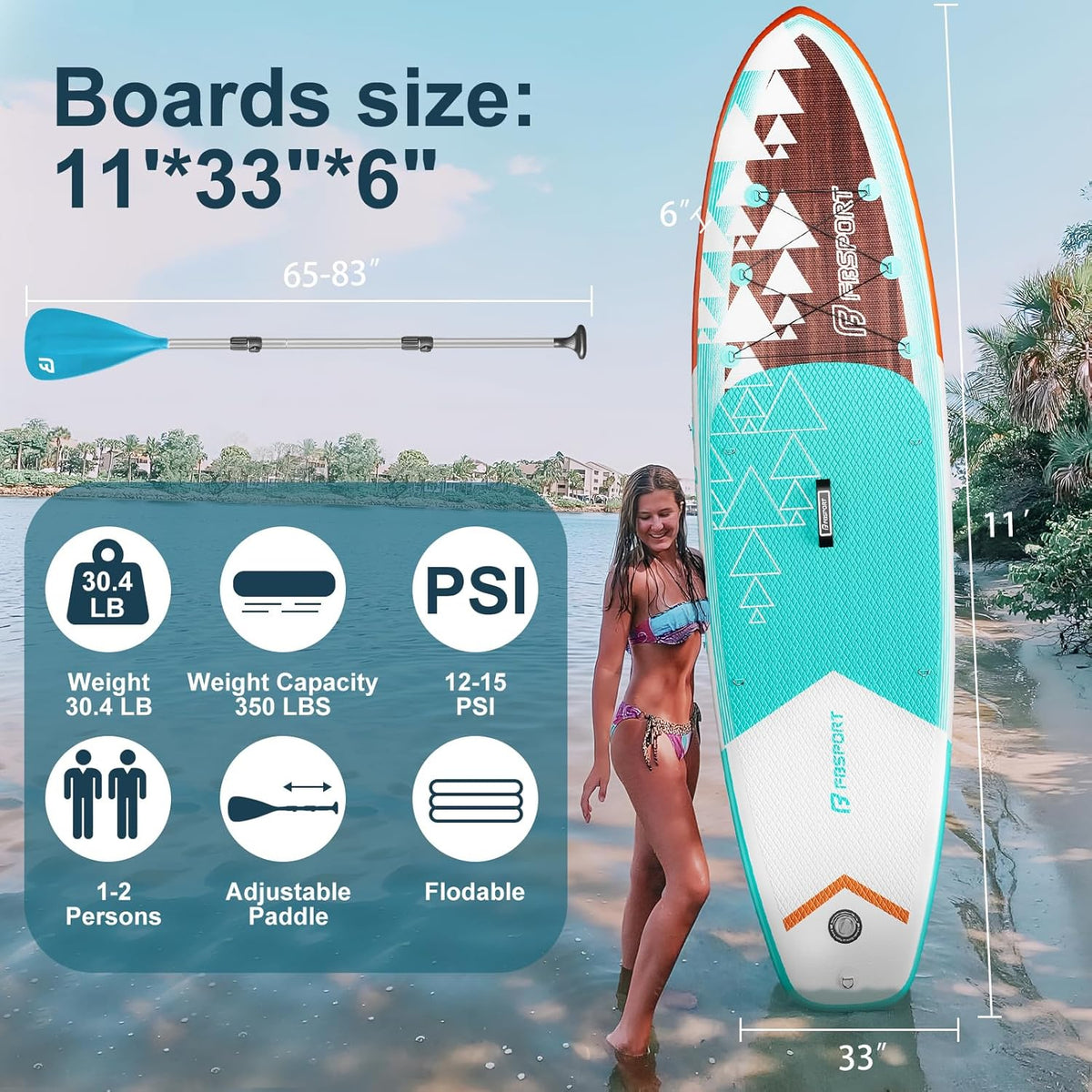 FBSPORT 11' Premium Stand Up Paddle Board, Yoga Board with Durable SUP Accessories & Carry Bag | Wide Stance, Surf Control, Non-Slip Deck, Leash, Paddle and Pump for Youth & Adult