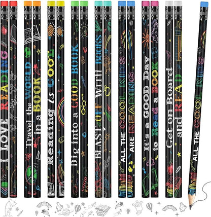 Pasimy 600 Pcs Reading Motivational Pencils Bulk Black Novelty Wooden Pencils with Eraser Classroom Inspirational Pen with Sayings for Kids Student Teacher School Reward Gifts Stationery Party