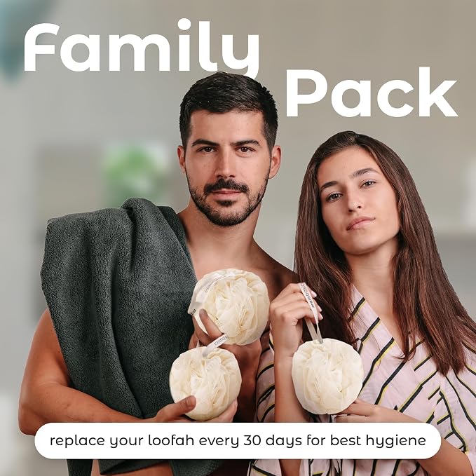 MainBasics Seaweed Infused Bath Shower Loofah Sponge Pouf Body Wash Scrubber (Set of 3)