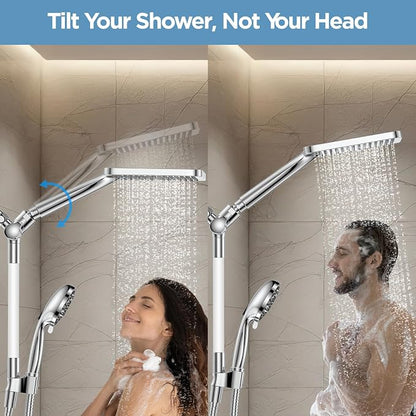 Dual Handheld Shower Head Combo, 2-in-1 Rain Shower Heads System Wide Rainfall Shower Head and 10 Modes High Pressure Hand Held Showerhead with Built-in Power Wash - Chrome
