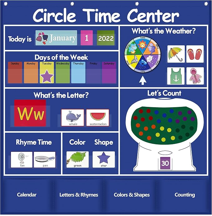Auchq Circle Time Learning Center Pocket Chart, Heavy-Duty Kids Calendar for Classroom, Educational Pocket Chart Learning Calendar Weather Letter Counting Rhyme Color Shape (Blue)