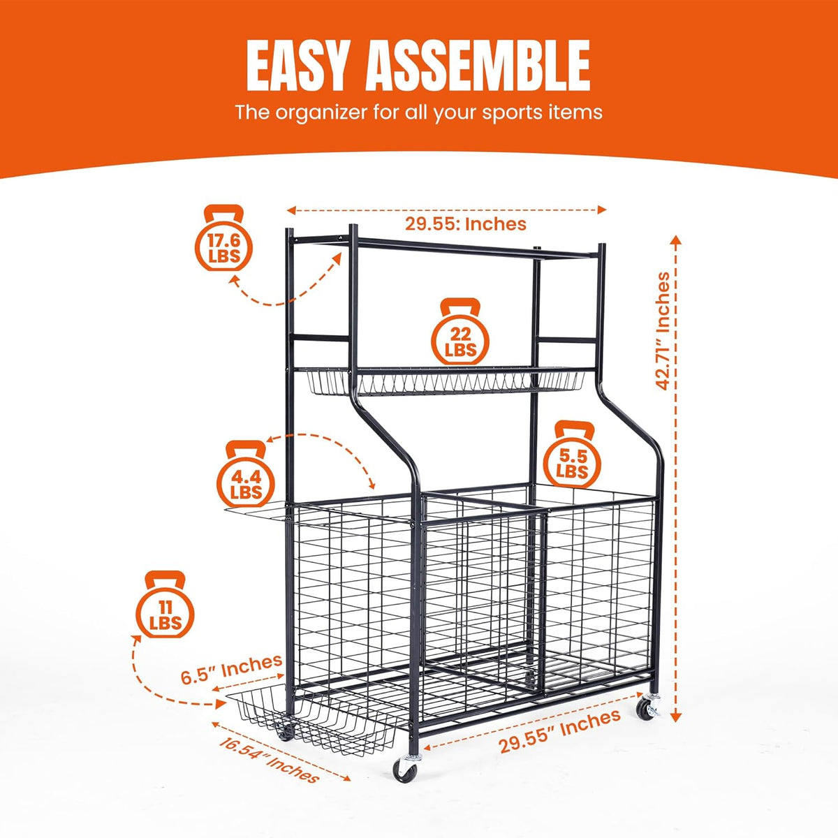 Sports Equipment Organizer - 29.6" W x 42.7" H - Rolling Garage Ball Storage Rack - Golf Bag Storage Stand & Other Sports Equipment & Toys - Indoor/Outdoor Stand - Removable Basket