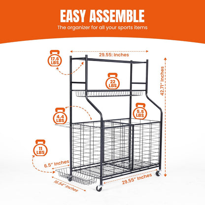 Sports Equipment Organizer - 29.6" W x 42.7" H - Rolling Garage Ball Storage Rack - Golf Bag Storage Stand & Other Sports Equipment & Toys - Indoor/Outdoor Stand - Removable Basket