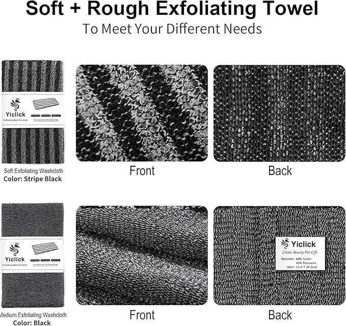 Yiclick Exfoliating Body Scrubber, Back Scrubber for Shower Bath, Japanese Scrub Wash Cloth, Exfoliating Washcloth Towel for Men Women, Body Exfoliator Loofah Luffa Sponge Net Rag Back Washer (Black)