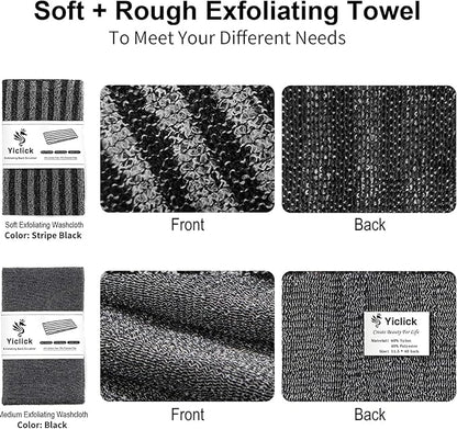 Yiclick Exfoliating Body Scrubber, Back Scrubber for Shower Bath, Japanese Scrub Wash Cloth, Exfoliating Washcloth Towel for Men Women, Body Exfoliator Loofah Luffa Sponge Net Rag Back Washer (Black)