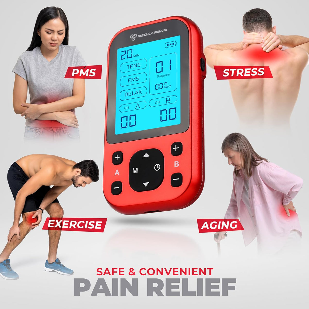 TENS Unit Muscle Stimulator Pro for Back Pain Relief, Shoulder Recovery and Physical Therapy, Electronic EMS Massager Machine with PMS Pulse for Effective Shock Therapy, Red