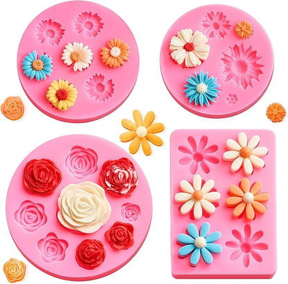 Puyeipt 4 Pcs Flower Silicone Fondant Molds, Daisy Rose Flower Chocolate Candy Molds for Cupcake Topper, Cake Pop Decoration and Clay Craft Making