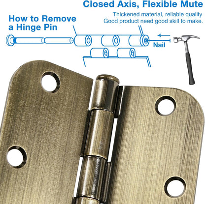 12 Pack Antique Brass Door Hinges 3.5 Inch Interior 3 1/2" Round 5/8" Radius Heavy Duty Metal Hardware Kit 3 ½" 5/8" Radius Flat Hinge for Bifold Doors Decorate Master Bedroom Storage Room