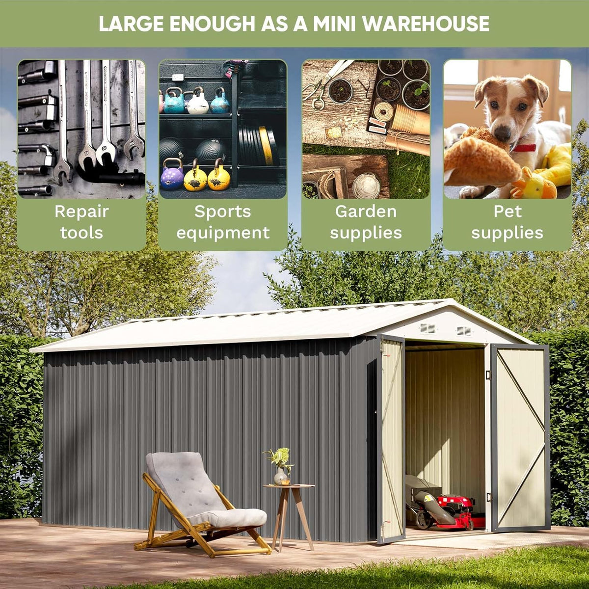 Patiowell 8 x 12 FT Metal Storage Shed for Outdoor, Steel Yard Shed with Design of Lockable Doors, Utility and Tool Storage for Garden, Backyard, Patio, Outside Use, Grey