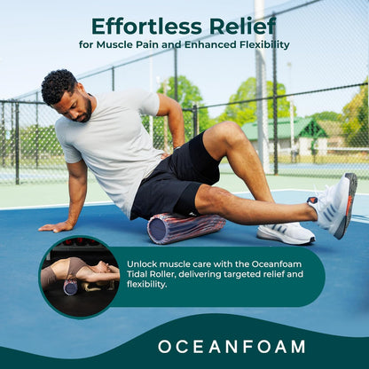 Oceanfoam Tidal Roller - Red, Dark Navy & Natural Marbled - Muscle Massage Foam Roller for Back Pain & Stretching - Firm & Ergonomic Wide Wave Textured - Yoga, Athletics, Wellness - Full Size 20" x 5"