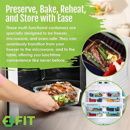 FIT Strong & Healthy Glass Meal Prep Containers with Lids, 1 & 2 & 3 Compartments – Portion Control Containers, Glass Lunch Box, Food Storage, Leak-Proof, Oven & Freezer Safe, 35 oz, Blue, 3 Pack