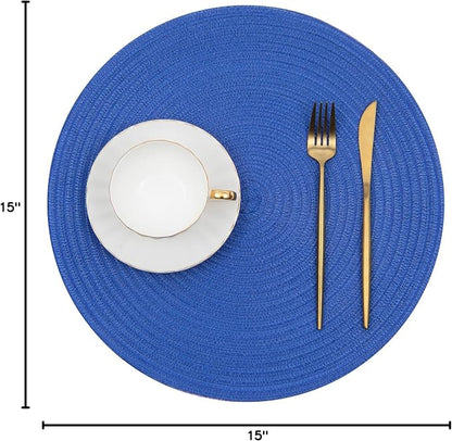 SHACOS Round Placemats Set of 6 Washable 15 inch Round Table Mats Cotton Polyester Woven Braided Place Mats for Dining Table (Blue, 6)