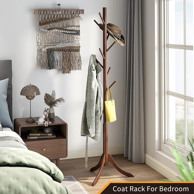 Coat Rack Freestanding, Coat Stands Entryway, Bamboo Coat Rack Hat Hanger 8 Hook for Jacket, Purse, Scarf Rack, Umbrella Tree Stand (Brown)