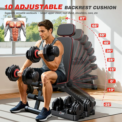 XDDIAS Workout Bench, 10 Backrests Adjustable Weight Bench with Extended Headrest, 800LBS Foldable Weight Bench for Home Gym, Incline Decline Flat Bench Compact for Small Space Training