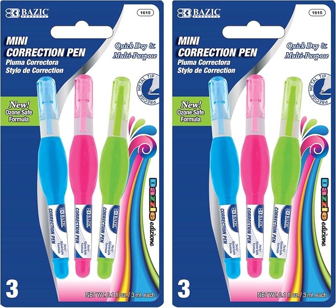 BAZIC PRODUCTS Mini Correction Pen, Metal Needle Tip, 3mL, 3 Count, 2-Pack
