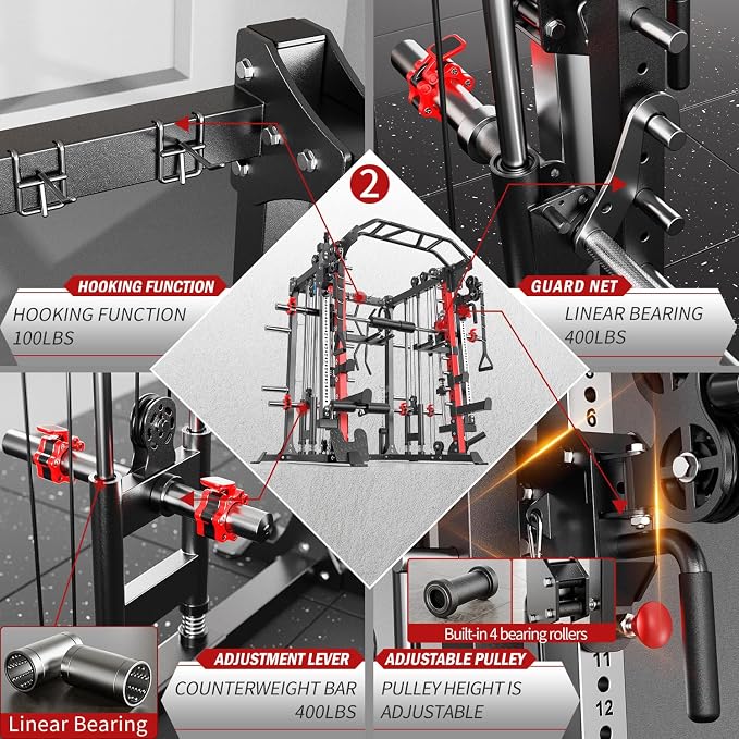 Smith Machine，Multi-Function Squat Rack Power Cage with Cable Crossover System,with Optional Weight Bench, Olympic Barbell Weight Set, for Home Gym