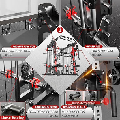 Smith Machine，Multi-Function Squat Rack Power Cage with Cable Crossover System,with Optional Weight Bench, Olympic Barbell Weight Set, for Home Gym