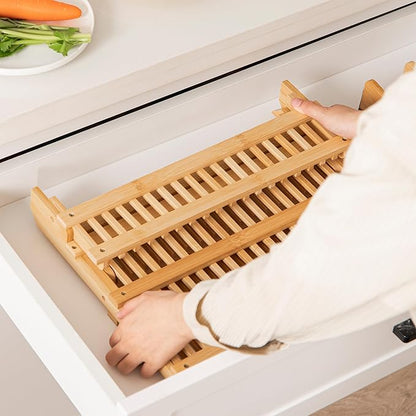 HBlife Bamboo Dish Drying Rack with Utensils Flatware Holder Set, 3-Tier Large Folding Drying Holder for Kitchen Counter, Collapsible Drainer