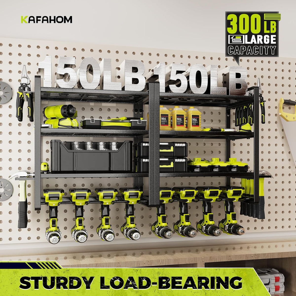 KAFAHOM Power Tool Organizer Wall Mount, 4-Tier Drill Holder for Cordless Tools, 2-Pack Set, Garage Storage Rack with Side Hooks for Hammers & Pliers, Tool Organizer for Workshop/Utility Room
