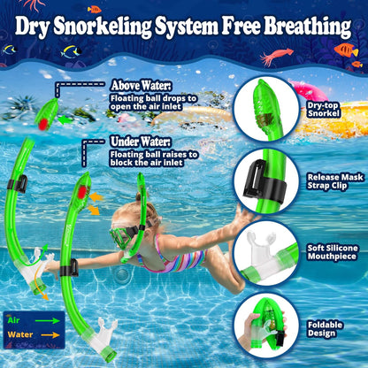 U PHITNIS Kids Snorkel Set for Age 4-14 - Dry Top Snorkeling Gear for Kids Junior & Youth - Childs Diving Mask with Big Eyes for Boys Girls - Anti-Fog Snorkeling Mask and Snorkel Set